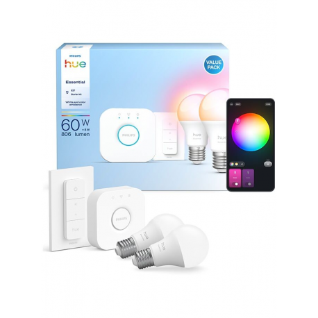 8721103103659 Podstawowy zestaw startowy: 2 inteligentne żarówki E27 (806 lm) + regulator przyciemniania PHILIPS HUE
