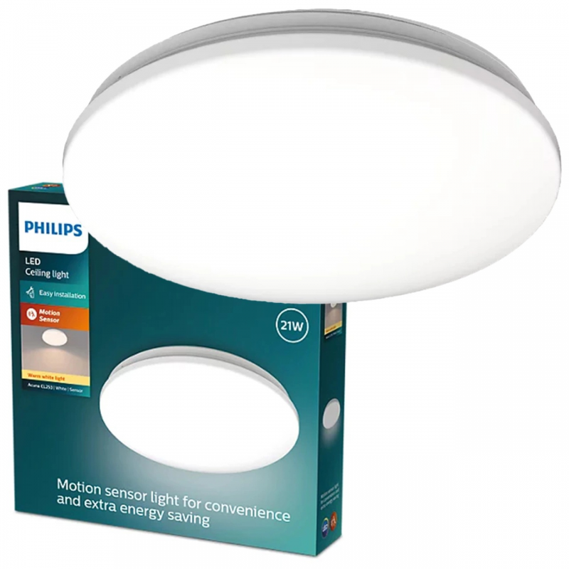 8720169296022 Lampa Sufitowa Plafon LED 21W 2500lm 2700K z Czujnikiem Zmierzchu Biała Acuna PHILIPS
