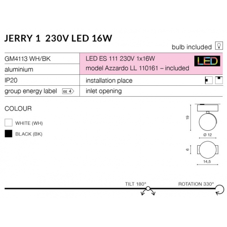 JERRY 1 230V LED GM4113 BK BLACK REFLEKTOR AZZARDO
