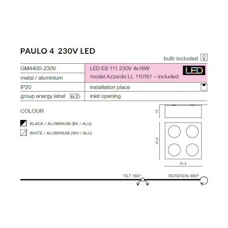 PAULO 4 230V LAMPA NATYNKOWA GM4400-230V CZARNY/ALUMINIUM AZZARDO