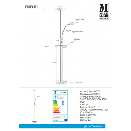 FRIEND 107009 Podłogowa LED Antyczny Mosiądz USB MARKSLOJD
