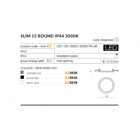 SLIM 15 ROUND 3000K IP44 WHITE AZ2839 LAMPA SUFITOWA PLAFON LED AZZARDO