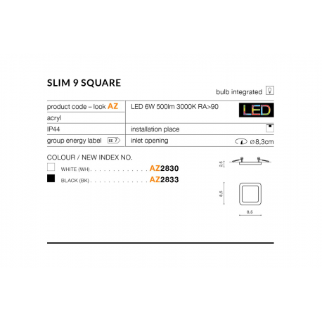 SLIM 9 SQUARE 3000K BLACK IP44 AZ2833 LAMPA SUFITOWA PLAFON LED AZZARDO