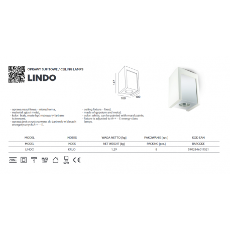 LAMPA NATYNKOWA Oprawa sufitowa LINDO KRLO KOBI GIPS